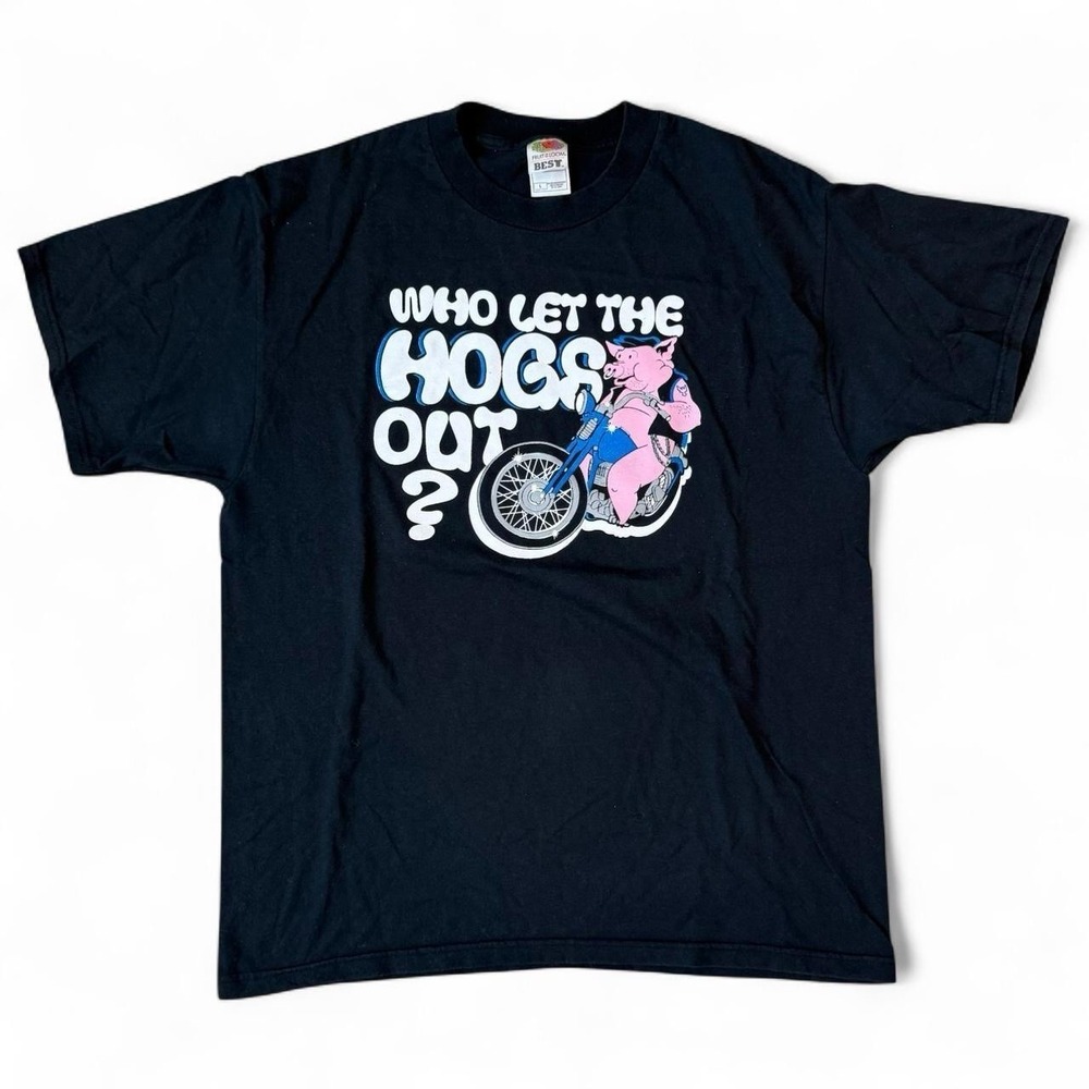 Vintage Who Let The Hogs Out T-Shirt Men's Size Large Biker Motorcycle 90s Y2K